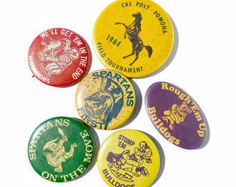 Vintage Spartans, Bulldogs, Matadors, Button Pins 1977 Sports Button, Round Lapel Pin