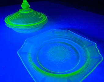 Vintage Vaseline Uranium Glass Ashtray & Bowl Set, 1920s Depression Glass