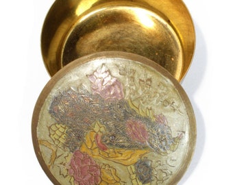 Vintage Cloisonne Trinket Box: Brass Enameled Floral Peacock Lid