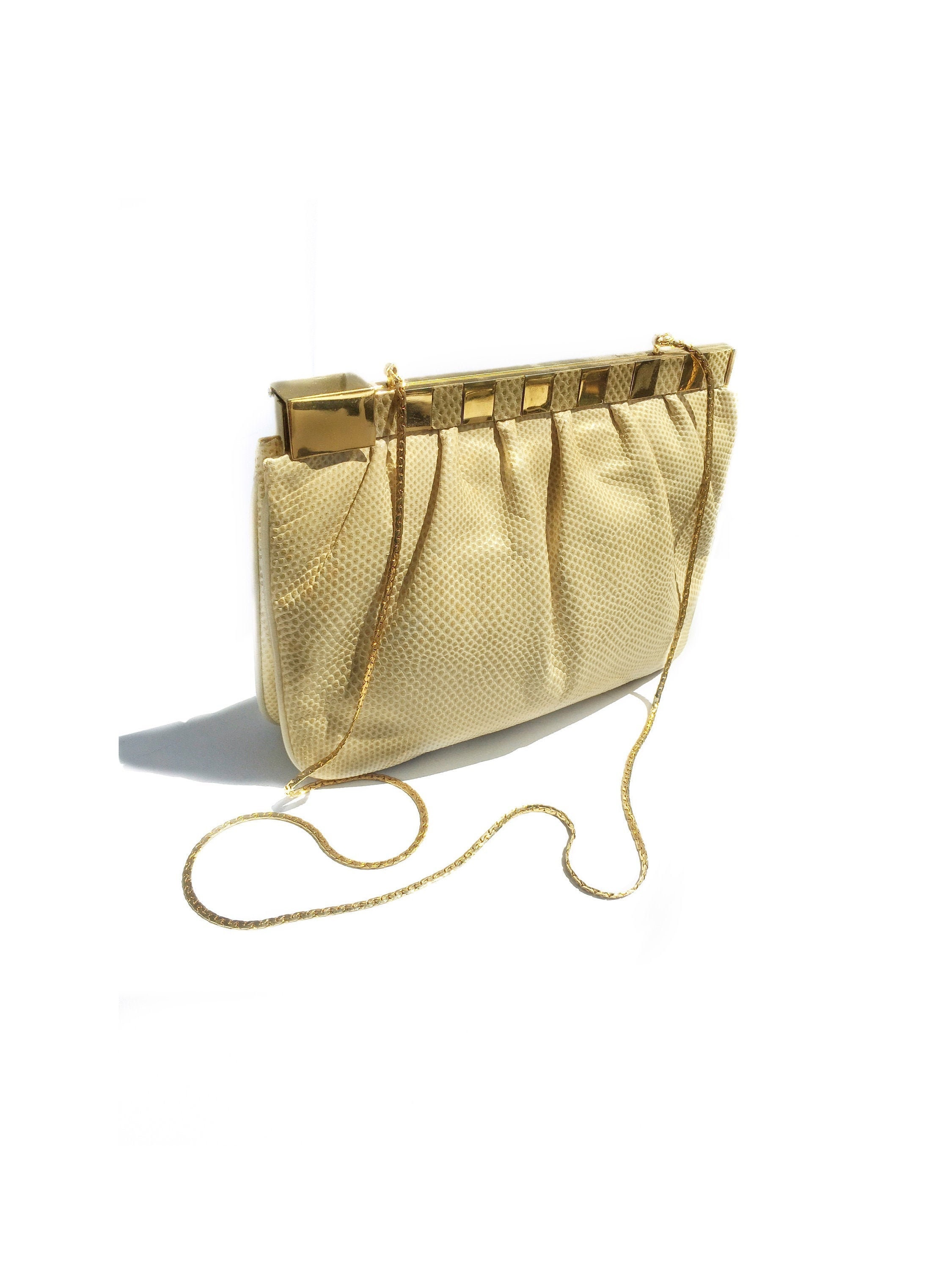 1980s Ivory Rhinestone Snakeskin Finesse La Model Handbag Purse with Chain  — Canned Ham Vintage
