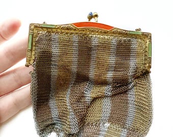 Vintage Art Deco Enameled Mesh Coin Purse, Blue Gemstone Clasp