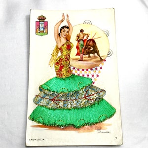 Matador Postcards Silk Embroidered Postcard Senorita Spanish Dance Dress Rare Embellished Postcards