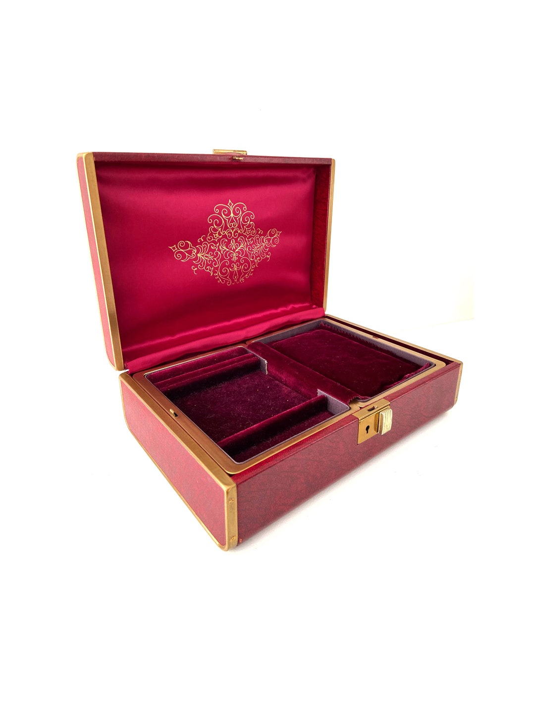 G6 素敵な　収納新王飾り　ワインレッド色　台巾63㎝位　訳あり特価 Vintage 60s Red Farrington Jewelry Box, Burgundy Red With
