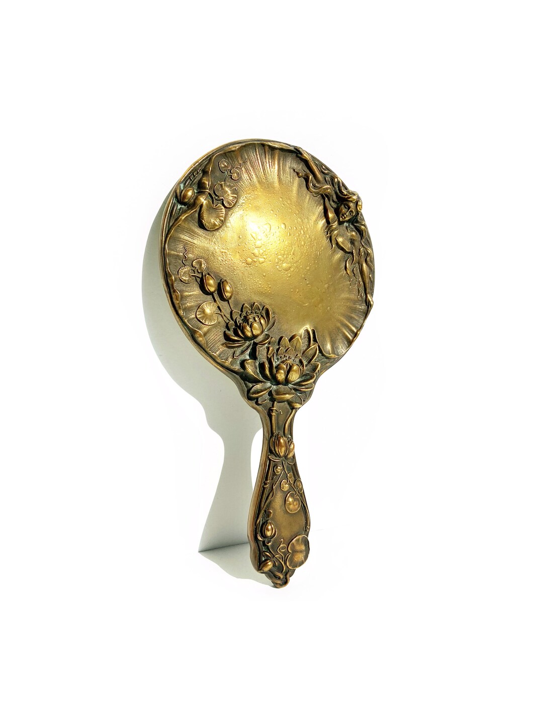 Art Nouveau Hand Mirror, Antique Repoussé Bronze Hand Mirror, Art