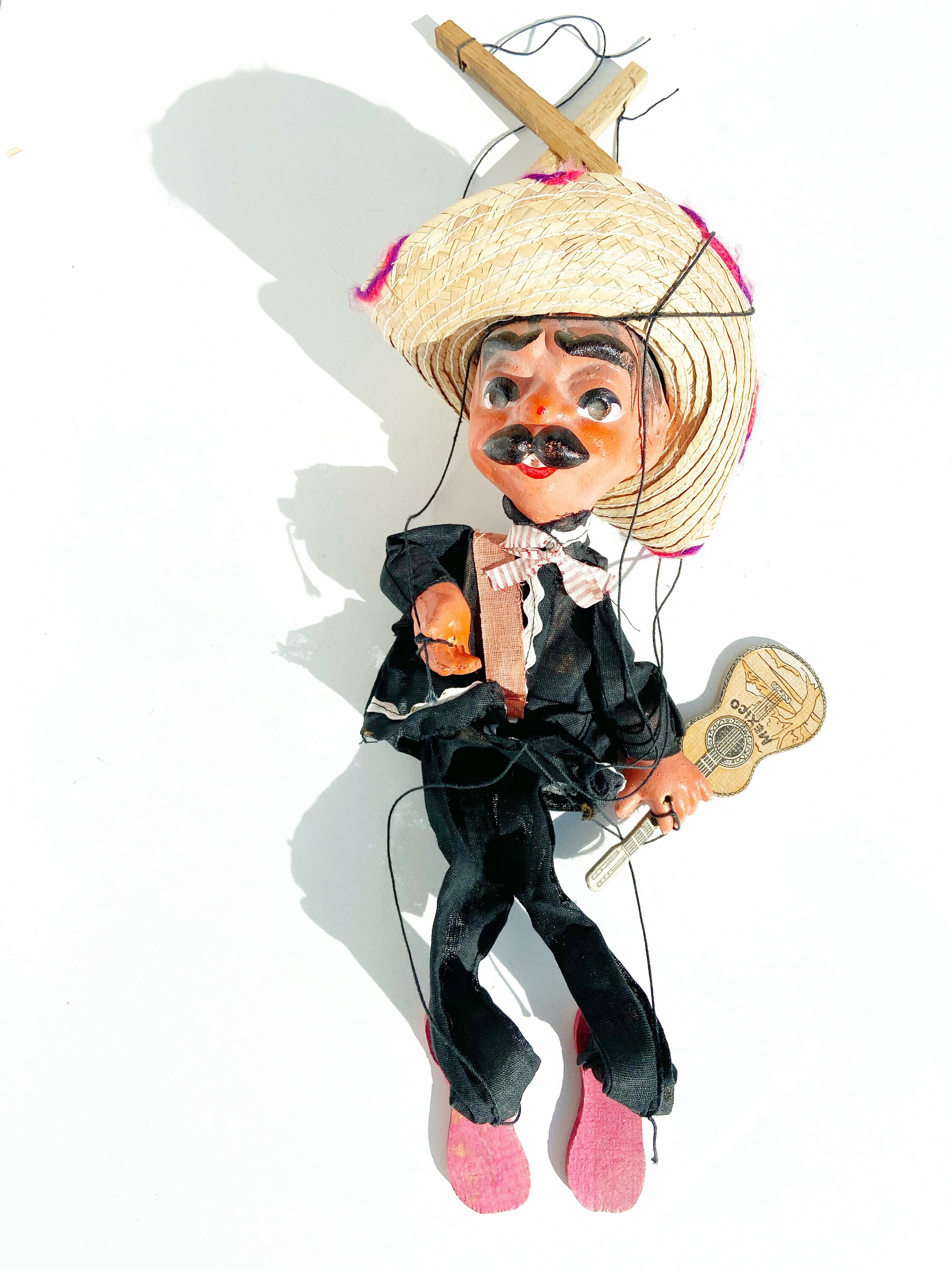 Antique Mexican Guitar Playing Puppet 16 Tall, Sombrero
