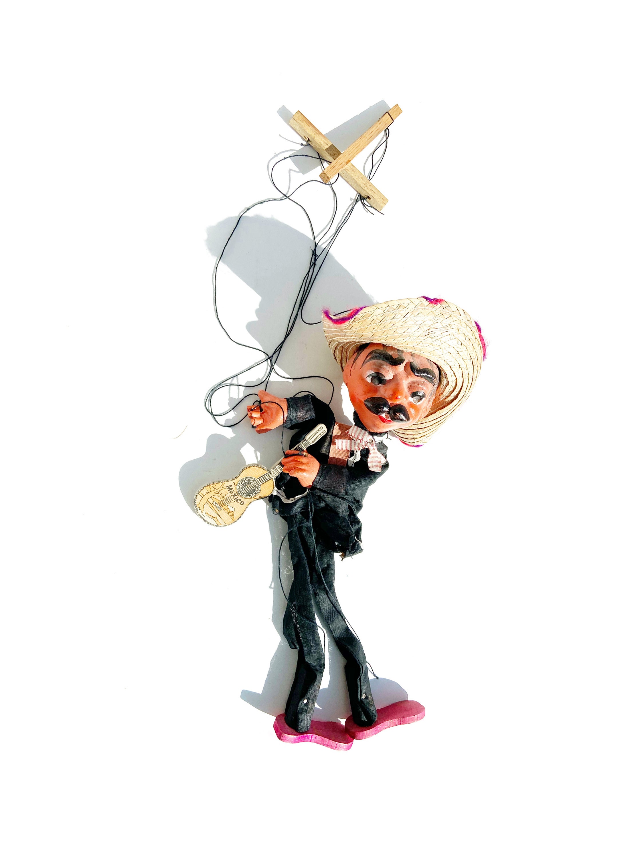 Antique Mexican Guitar Playing Puppet 16 Tall, Sombrero