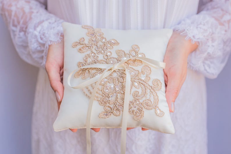 Ring Boy Handmade in the USA Ivory and Gold French Lace Applique Ring Pillow Ring Bearer Pillow Ring Pillow