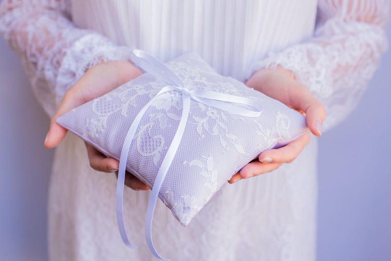 Lavender and White French Chantilly Lace Ring Pillow Ring Boy Ring Bearer Pillow Handmade in the USA Ring Pillow