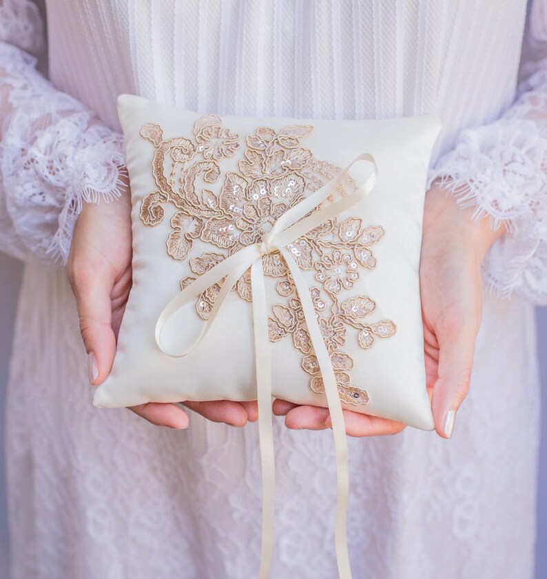 Ring Boy Handmade in the USA Ivory and Gold French Lace Applique Ring Pillow Ring Bearer Pillow Ring Pillow