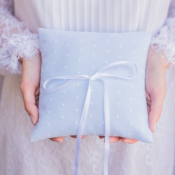 Light Blue and White Dot Mesh Ring Pillow -  Handmade in the USA, Ring Bearer Pillow, Ring Pillow, Ring Boy