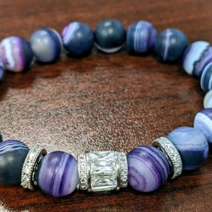 Unisex Natural Matte Amethyst Purple Agate Silver Crystal Pave Bracelet 10mm