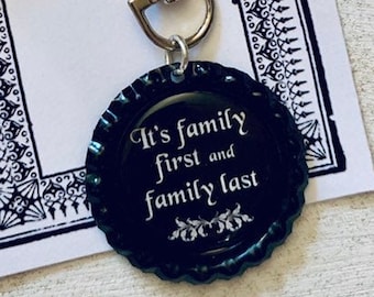 Addams Family Musical Inspired It's Family First and Family Last Bottle cap Key Clip, Key Chain, Goth, Dark, horror, Musical Theatre