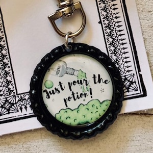 Addams Family Musical Inspired Grandma Pour The Potion Bottlecap Key Clip, Key Chain, Goth, Dark, horror, Musical Theatre