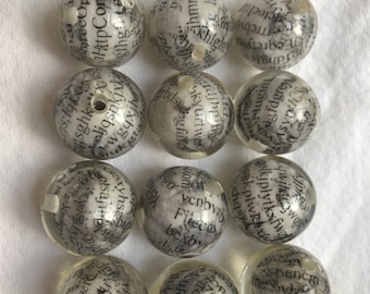 Lenora Dame Raw Materials Newsprint Embedded Clear Resin Beads. 24mm round.  Great for Jewelry Making  10 beads