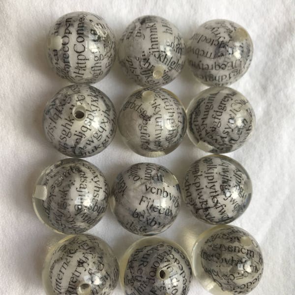 Lenora Dame Raw Materials Newsprint Embedded Clear Resin Beads. 24mm round.  Great for Jewelry Making  10 beads