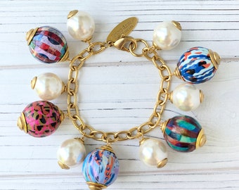 Lenora Dame Decoupage Wooden Bead Charm Bracelet