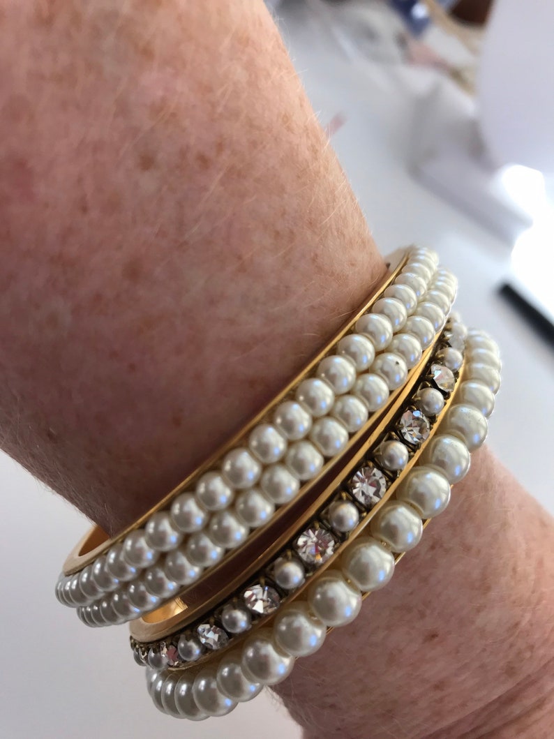 Lenora Dame Pearl and Rhinestone Bangle Bracelet Set