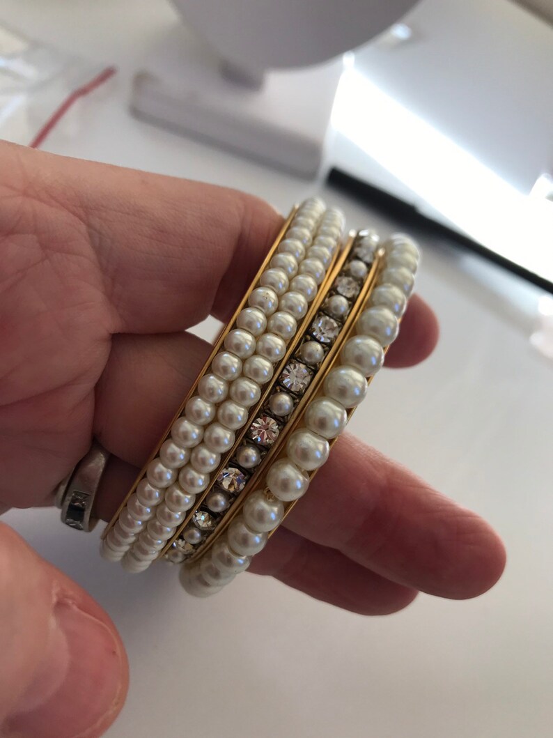 Lenora Dame Pearl and Rhinestone Bangle Bracelet Set