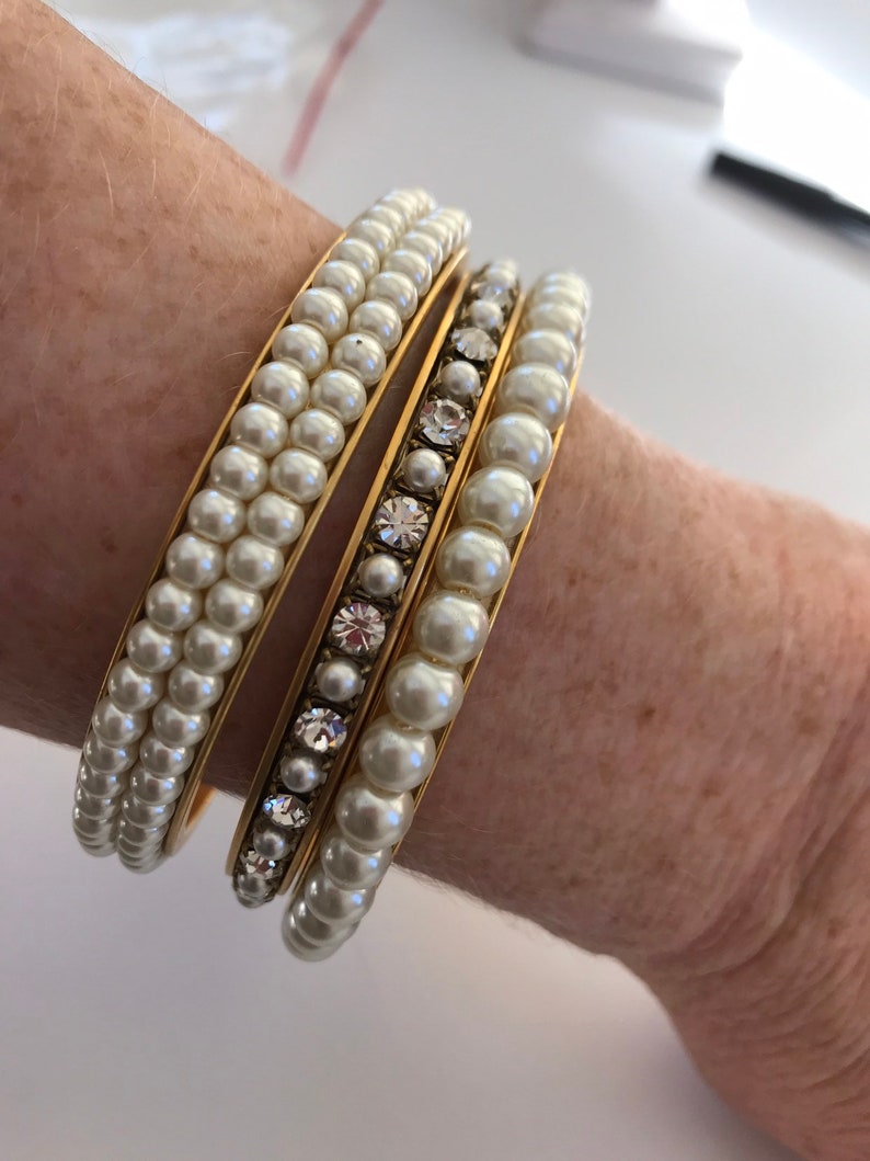 Lenora Dame Pearl and Rhinestone Bangle Bracelet Set