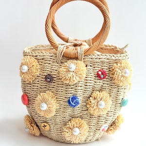 Lenora Dame Pearl Flowers Straw Bucket Bag - One-of-a-Kind
