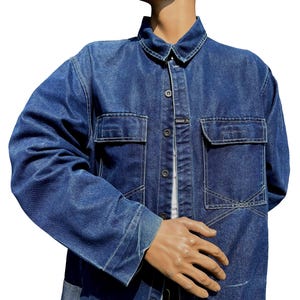 Vintage Marithé + François Girbaud Denim Jacket Men’s Large Button Up Collared Workwear Silver Reflective Panel MFG Coat Large Front Pockets