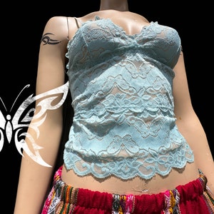 Y2K Butterfly Lace Cut Shimmer Lingerie Tank Top Aqua Blue Stretch Cami Spaghetti Strap Egirl Kawaii Fairy Sheer Ditsy Aesthetic Detail Trim