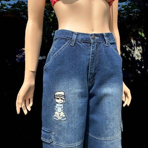 Vintage Hip Hop 1990s Jeans Embroidered Patch Blue Baggy Wide Leg Old School OG W 26 Loose Fit Cargo Streetwear Skater Rap Boys Womens Goth