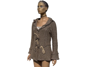 Cárdigan de punto de hada con escote pronunciado Y2K para mujer de Point Zero, tejido de punto trenzado grueso con frente abierto, patchwork, dobladillo overlock sin rematar y adornos