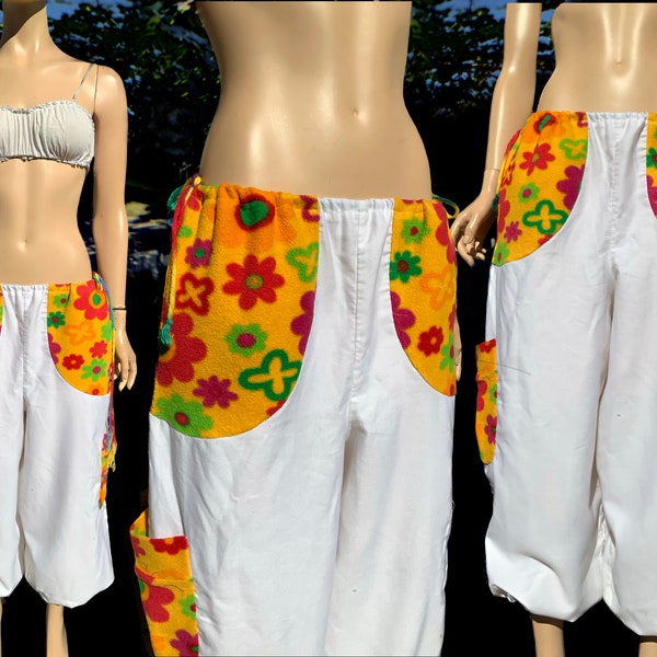 HANDMADE Funky Parachute Cargo Style Pants Contrast Groovy Flower Printed Fleece Cutout Patchwork White Cotton Baggy Trousers Elastic Legs
