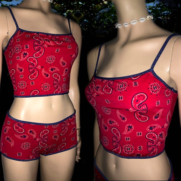 Vintage 1980’s Red Paisley Bandana Reversible Two-Piece Swimsuit Denim Jean Print Bikini Crop Cami Top Boy Short Women's Small / Medium