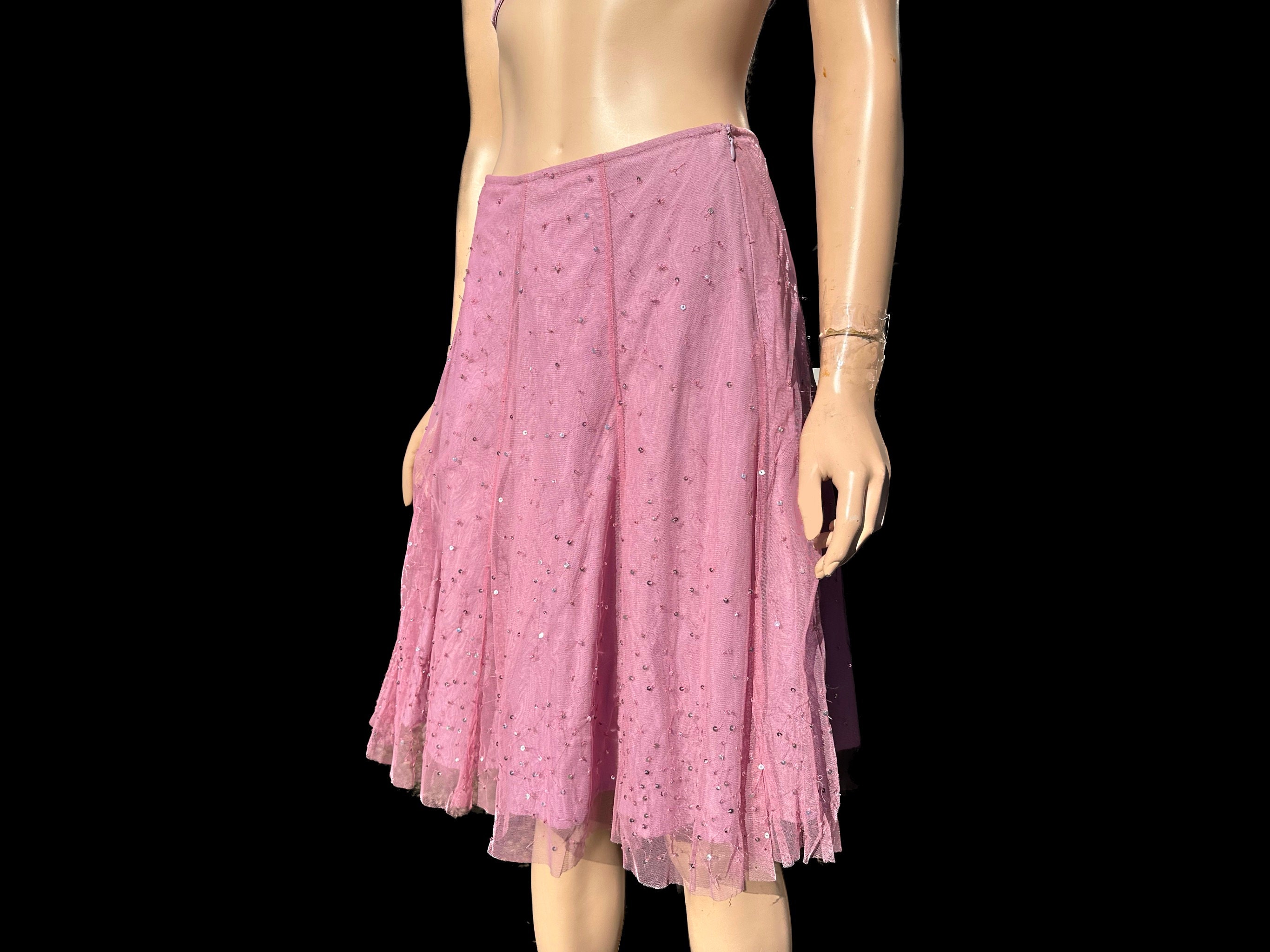 Vintage Y2K Pink Mesh Tulle Sequin Midi Skirt Essentiel Antwerp Women’s Small (FLAW) Embroidered Beaded Cotton Evening Layered Fairy Skirt