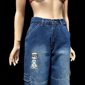 Vintage hiphop jaren 90 jeans geborduurde patch blauwe wijde wijde pijpen Old School OG W 26 losse pasvorm cargo streetwear skater rap jongens dames gothic