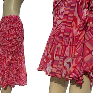 Frilly 2000s Groovy Floral Abstract Layered Lettuce Hem Trim Skirt Women's Size 4 Boho Chic Tristan & Iseut Designer Vintage High Waisted