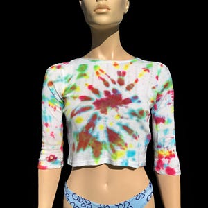 Pijama estilo hippie bohemio con escote de encaje y ribete de encaje tie-dye vintage, de algodón acanalado, manga larga, largo hasta un cuarto, talla XS