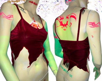 HANDMADE Pixie Handkerchief Hem Red Velvet Tank Top Fitted Bodice Women's Small Raw Edge Lettuce Trim Asymmetrical Layered Camisole Fairy