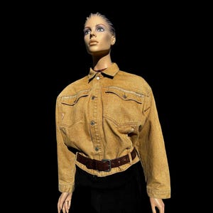 Vintage 1990’s Yellow Stone Washed Men’s Medium Trucker Jacket Hollywood Era Patch Belt Loops Large Pocket Metal Button Up Collar Oversized