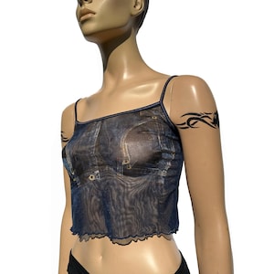 Deadstock Denim All-Over-Print Durchsichtig Mesh Blue Jeans Cami Crop Top Damen Large Sheer Going Out Spaghetti Strap Tank Digital Cyber