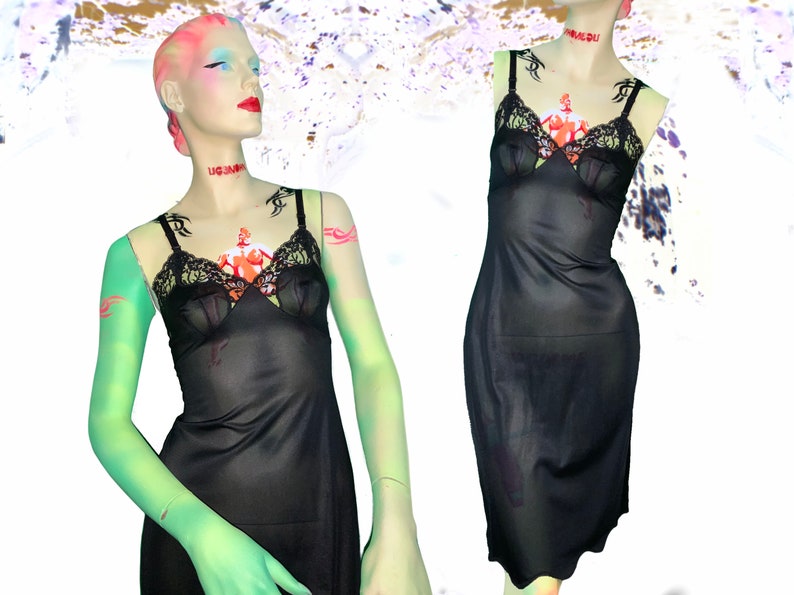 Vintage 1960s Full Black Lace Hourglass Slip Dress Size 32 Etsy