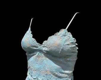 Y2K Butterfly Lace Cut Shimmer Lingerie Tank Top Aqua Blue Stretch Cami Spaghetti Strap Egirl Kawaii Fairy Sheer Ditsy Aesthetic Detail Trim