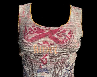 Y2K Angel Tattoo Textured Printed Top Stretchy Graphic Tribal Tank Shirred Tunic Micro Women&#39;s Medium Snake Heads Heavenly Print All Over