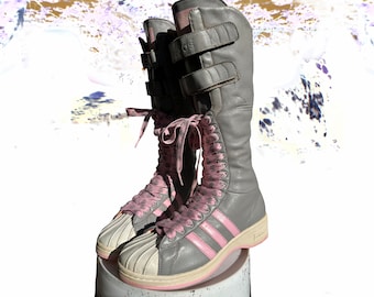 Y2K Missy Elliot X Adidas Superstar Knee High Lace Up Boots / UK 7 Women’s Grey Pink Original Stripes Limited Edition Boxing Shoes