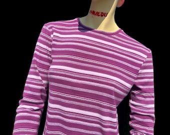 Vintage 1990er Jahre Lila gestreiftes Nord Reflections Langarm T-Shirt Damen XS Halb ausgestattet Multi Streifen Rundhalsausschnitt Strickklassiker 90er Jahre