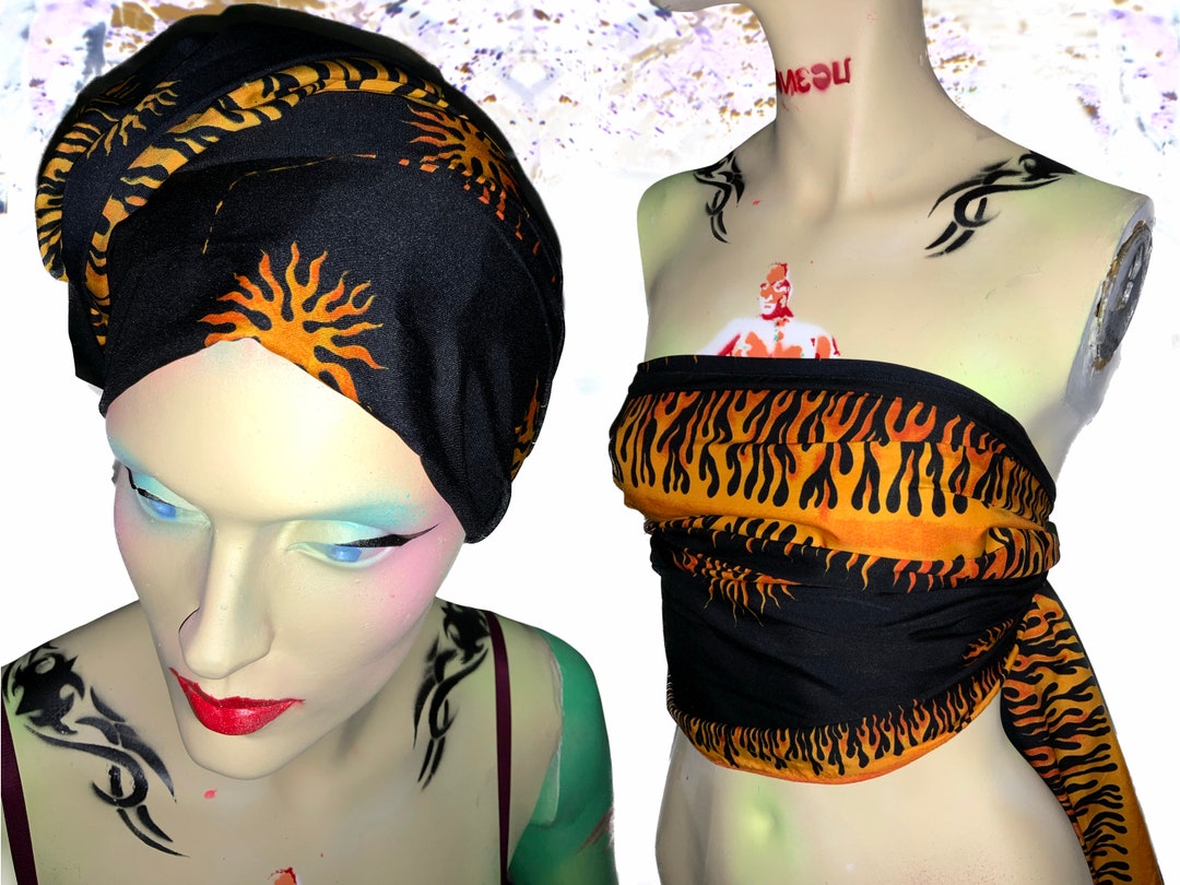 1990’s Vintage Flame Printed Scarf Deadstock Biker Unisex Fire Sun ...