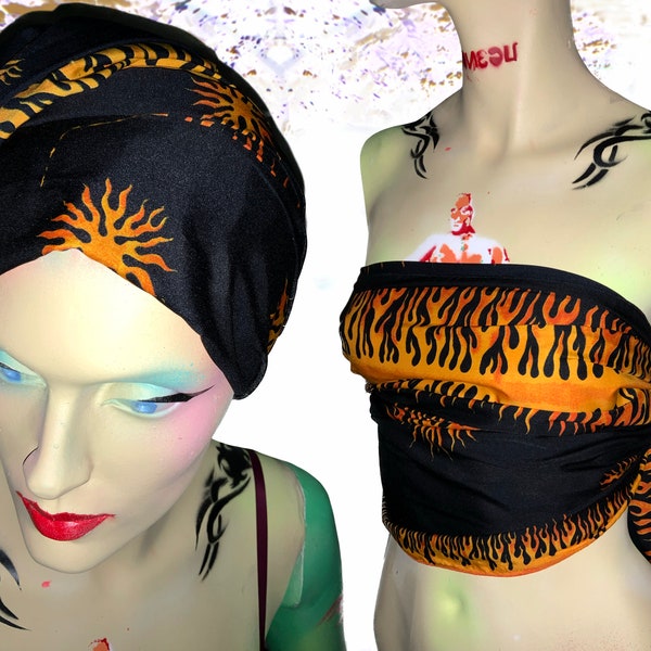 1990’s Vintage Flame Printed Scarf Deadstock Biker Unisex Fire Sun Celestial Print Tassel Headwrap Carribean Accessories Hippie Beachwrap