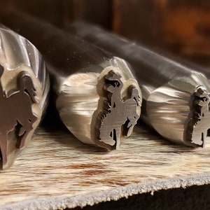 May include: Close-up of several metal stamps with a cowboy riding a horse design. The stamps are cylindrical with the cowboy image etched on the end. The stamps are arranged in a row, with the ends facing the viewer.