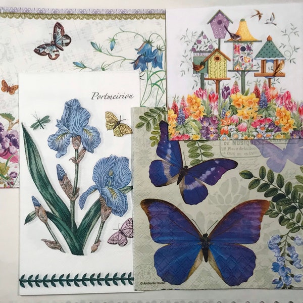Paper Napkins “Birds and Birdhouses” colorful floral, butterfly and bird patterns.