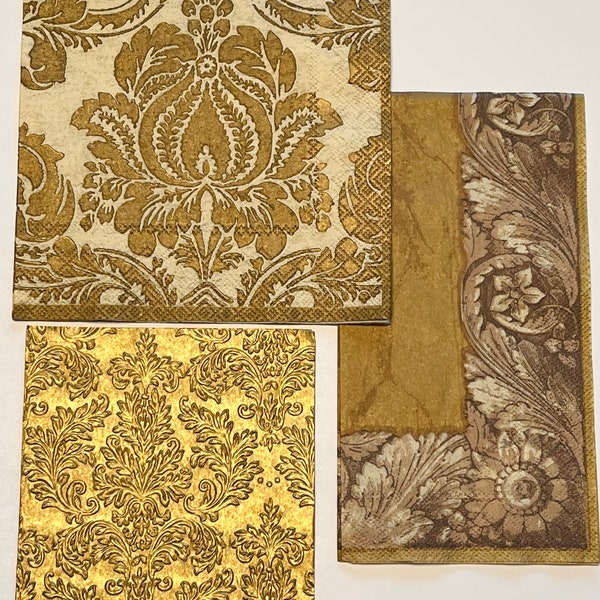 Paper Napkins "Golden Dreams” - Brocade, Damask and Bronze, set of 3