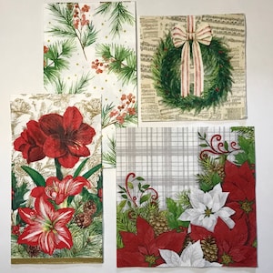Christmas Paper Napkins &quot;Poinsettias, Wreath, Amaryllis & Holly” set of 4