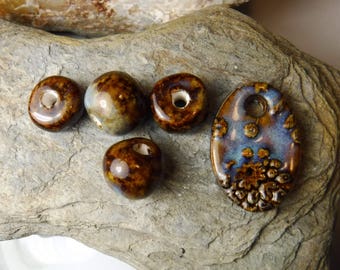 5 Handmade Ceramic beads set - 1 pendant + 4 beads / items #683
