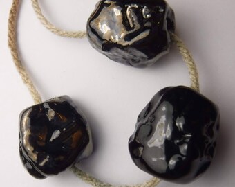 3 Big & Black metallic beads ceramic components, made from porcelain, artisan elements jewelry ceramic beads supplies clay handmade #788